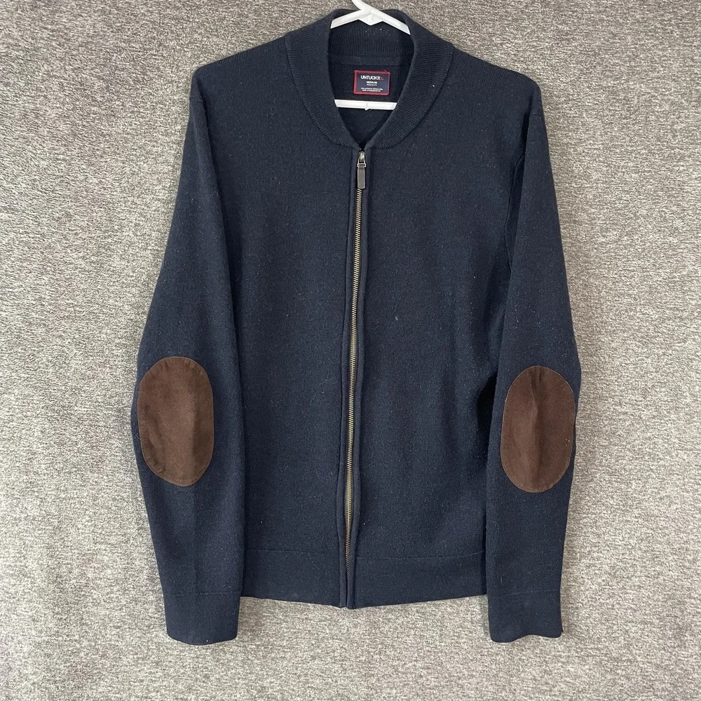 UNTUCKit Sweater Mens Medium Blue Merino Wool Full Zip Mock Neck Elbow Patch‎